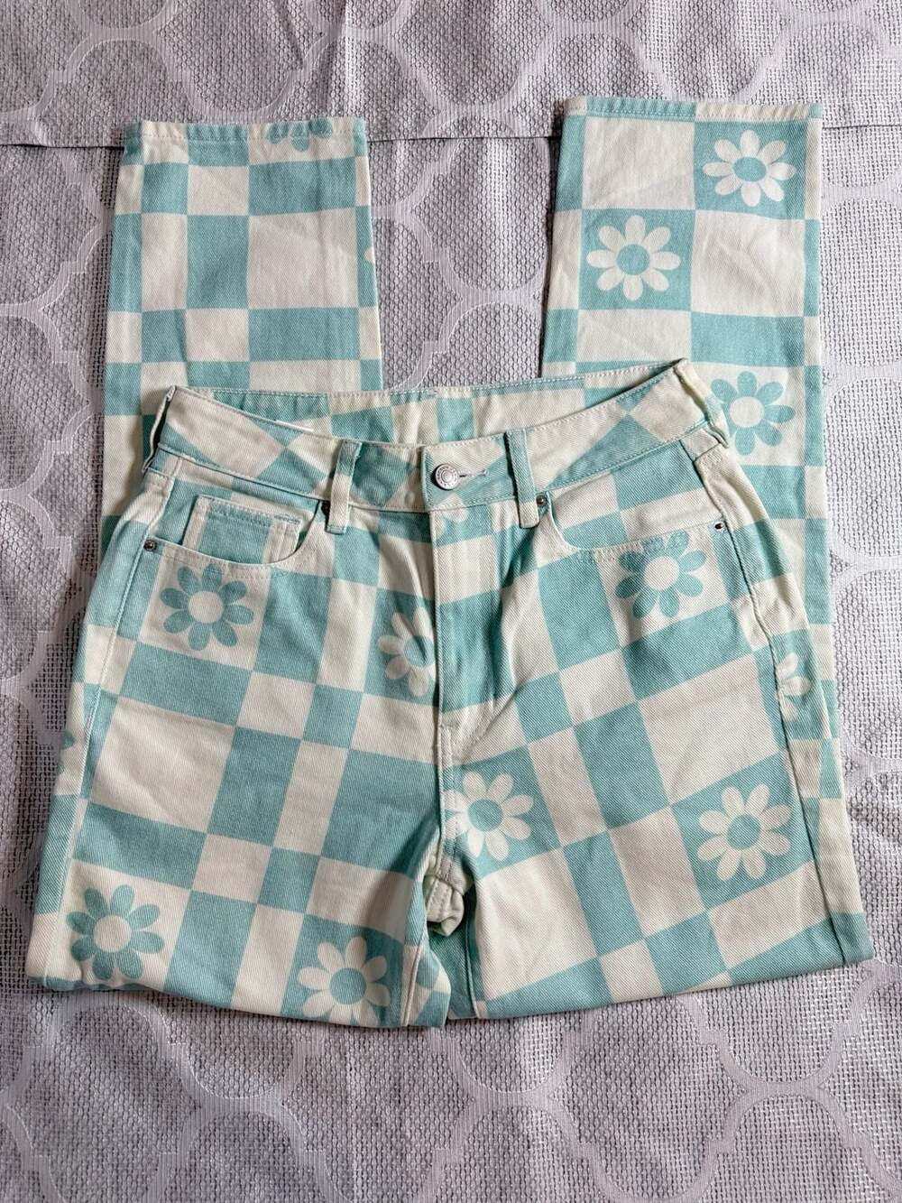 PacSun Y2K Checkered Daisy Print Carpenter Denim Pants